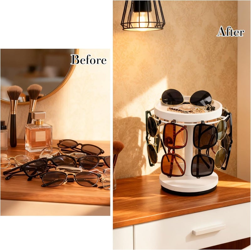 LingLingo Sunglasses Organizer 360° Rotating Eyeglass Holder Stand with Wood Tray and Base, Eye Glass Display Rack for Multiple Sunglass Storage for Table Dresser Nightstand Desk (White) - Image 2